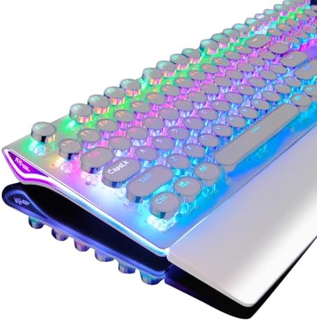 RK ROYAL KLUDGE S108 Typewriter Gaming Keyboard, Retro RGB Mechanical Keyboard, Full Size Wired Keyboards with Number Pad and Detachable Wrist Rest, Round Keycaps, Clicky Blue Switches White by RKROYALKLUDGE