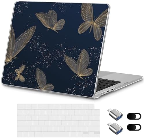 for New MacBook Air 13 inch Case 2026 M5 2025 M4 2024 M3 Chip– Aesthetic Lightweight Cute Design Clear Hard Shell 6-in-1 Bundle with TPU Keyboard Cover & 2X OTG Adapters, Gold Butterflies by Loyrina