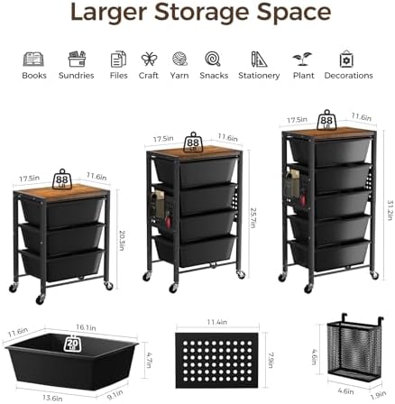 Rolling Cart with 4 Drawers, Plastic Drawer Storage Carts with Wheels & Wooden Tabletop, Metal Utility Cart with Pegboards, Office Living Room Classroom Craft Organization and Storage, Dark Black - Image 3