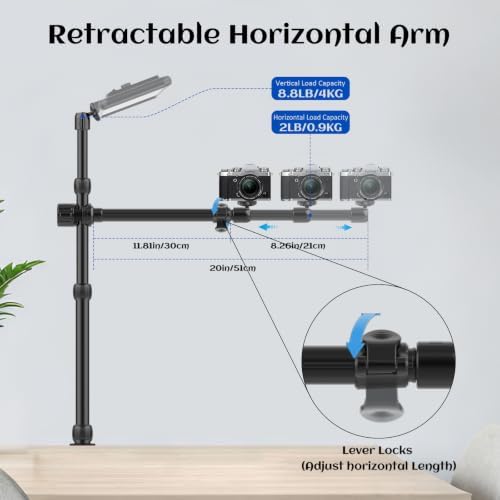 Ailight Overhead Camera Mount Desk Stand, 15.75"-33.45" Webcam Mount with 2-Section Adjustable Telescopic Boom Arm, C Clamp/Swiveling Ball Head for DSLR Camera, Ring Light, Webcam - Image 4