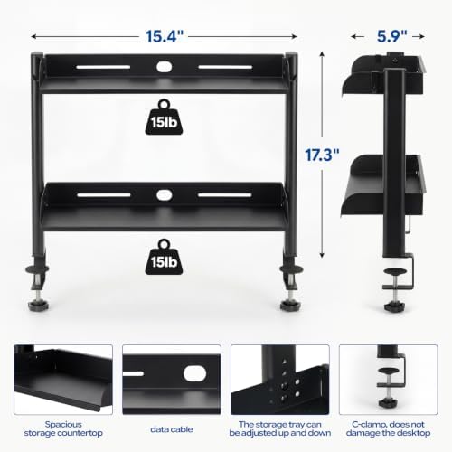 2-Tier Carbon Steel Clamp-On No Drill Desk Storage Organizer Shelf - Image 2