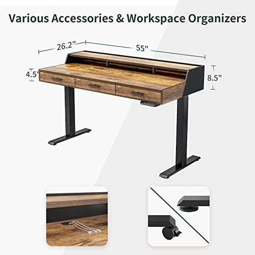 CubiCubi One-Piece Standing Desk 55x26 with 3 Wood Drawers, Rustic Brown - Image 3