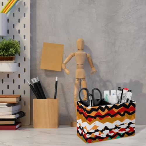 PU Leather Multi-Compartment Pen Holder Desktop Organizer Pencil Cup Storage Caddy for Office Home Supplies Bold Brushstrokes And Zigzag Lines with Ethnic And Tribal Motifs - Image 6