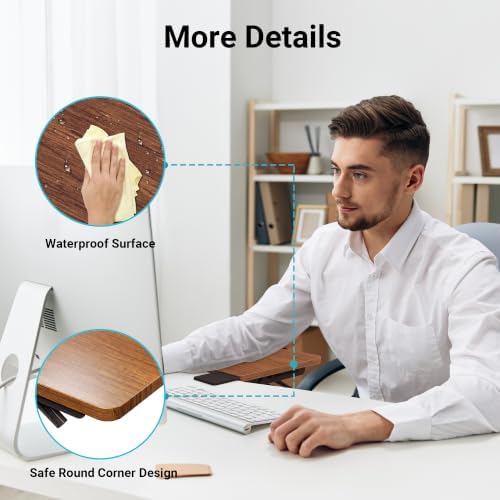 BONTEC Ergonomic Desk Extender Tray, 9.5"x9.1" Table Mount Arm Wrist Rest Shelf, 90° Foldable Elbow Support, Clamp on Computer Arm Rest for Desk, Office & Home Use, Durable & Easy to Install, Walnut - Image 5