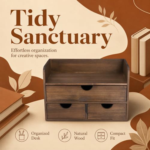 Wooden Desk Organizer with Drawers, Wood Makeup Organizer and Mail Rack for Desktop, 3-Tier Vintage Storage Caddy with Top Shelf for Office Supplies, Vanity, Bedroom, No Assembly, 13 x 6.7 x 8.6 in - Image 7