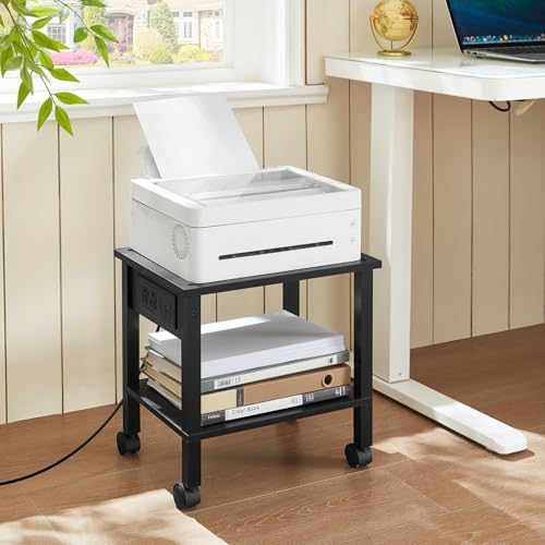 YUFAM 2 Tier Under Desk Printer Stand with Charging Station, Black - Image 2