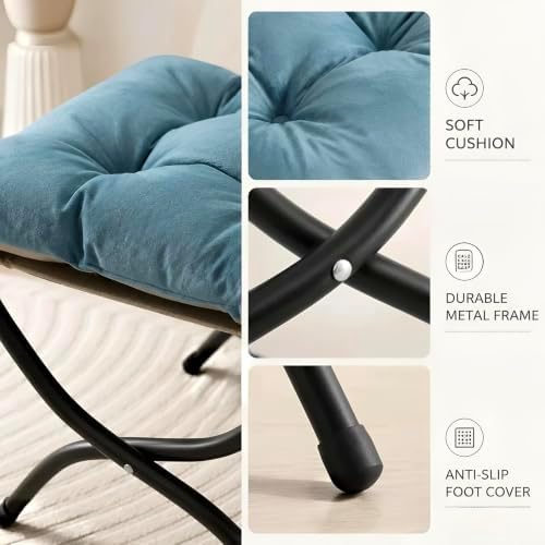 15" Upholstered Folding Foot Rest Stool with Foldable Metal Frame Blue - Image 5