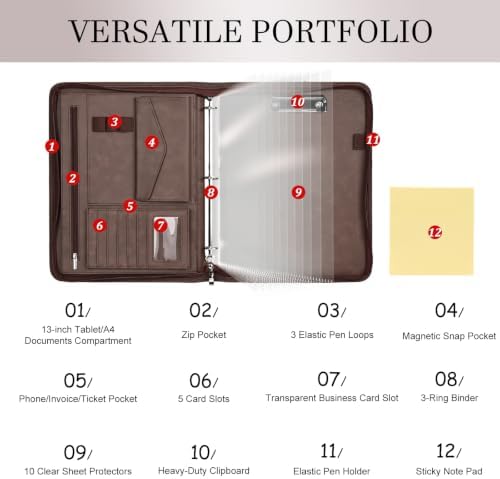 Leathario Portfolio Binder, Padfolio Organizer, 3 Ring Binder with Zipper - Image 3