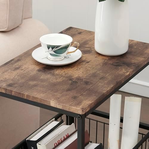 VECELO Tall End Table with Metal Basket,Nightstand with Shelf Storage Organizer, Wood Night Stand with Metal Frame, Waterproof for Bedroom, Living Room, Bathroom - Image 6