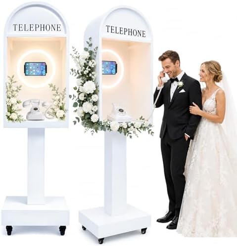Wedding Telephone Booth Audio Guest Book Photo Booth Stand with 3 Color Ring Light 360° Rotatable Tablet Holder Built-in Type-C Charging Port Lockable Rolling Wheels for Wedding Party Events by ZLPOWER