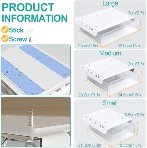 SVNNELP Under Desk Table Drawer Storage Organizer,3 Pack Small & Medium & Large Slide Out Desk Drawers - Hidden Desktop Organizer,Adhesive Storage Pencil Tray Under Table(Clear/LMS) - Image 2