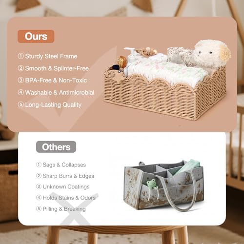 Wicker Diaper Caddy Organizer, Rattan Baby Basket, Flesh Tone, L - Image 4