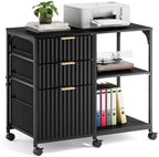 VINGLI 3 Drawer Mobile File Cabinet Printer Stand, Fluted Filing Cabinet with Open Storage Shelves Adjustable, Rolling Lateral Fabric Filing Cabinet for Home Office, Fits Letter Size, Black by VINGLI