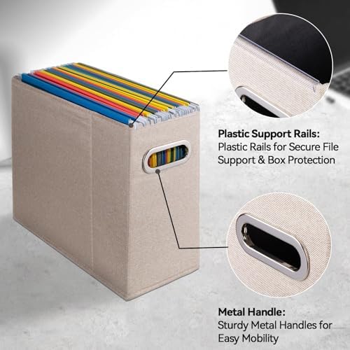 6 Packs Letter Size File Organizer, File Folders Organizer, Fabric Storage Box, Collapsible Paper Organizer with Metal Handle, Smooth PVC Rails, Only Box (Beige) - Image 4