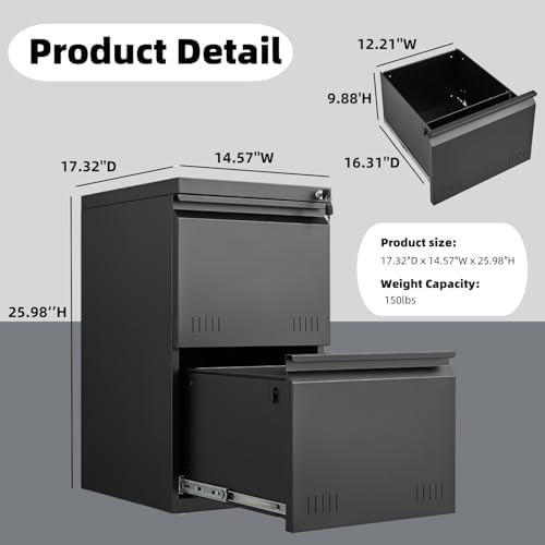 Approgreent 2 Drawer File Cabinets for Home Office, Vertical File Cabinet with Lock, Office Cabinet for A4/Letter/Legal Size, Under Desk Filing Cabinet, Assembly Required(Black) - Image 3