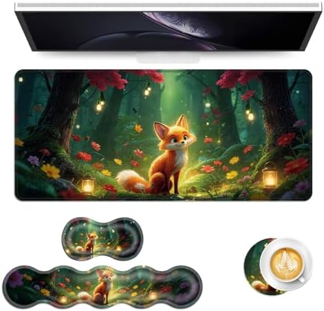 Keyboard Mouse Pad Set, Extended Gaming Mouse Pad+Ergonomics Keyboard Wrist Rest Support, Memory Foam, Easy Typing Pain Relief, 4Pcs XL Ultra Thick Desk Mat,Cute Fox by Vobber