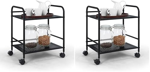 SunnyPoint 2-Tier Metal Rolling Utility Cart – Mobile Storage Shelf with Caster Wheels – Small Space Organizer for Home, Office, Bedroom, Kitchen (BLK) (Pack of 2) by SunnyPoint