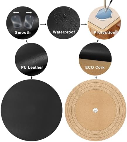 MAIDERN 42 Inch Round Cork & Leather Table Pad Protector, Cuttable Size (36-42 Inch), Trimmable Dining Table Mat, Heat Resistant/Non-Slip Table Cover for Kitchen, Office, or Restauran (Black) - Image 3
