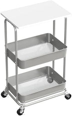 Simple Houseware 2-Tier Rolling Utility Cart Wood Top/Lockable Wheel, White by SimpleHouseware