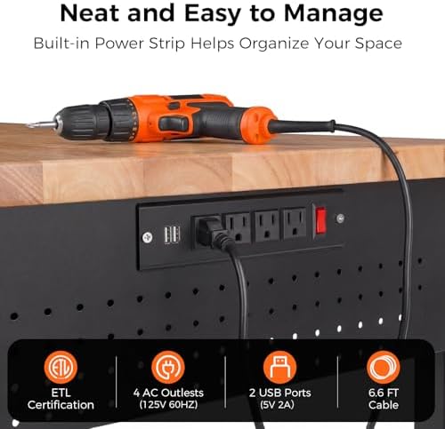 60" Adjustable Work Bench with Drawers, Workbench for Garage with Strip Light, Work Table with Large Pegboard, 2000 LBS Heavy Duty Table with Power Outlet Rubber Wood for Office, Workshop - Image 7