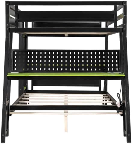 Polibi Full Over Full Bunk Bed with 2 Built-in Gaming Desks, USB Charging Ports & Pegboard Organizer, Heavy-Duty Gaming Bed Frame for Teens/Adults, Green (Full Size) - Image 4