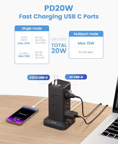 10ft, Black, Power Strip Tower Surge Protector 1800J, Fast Charging Station - Image 4