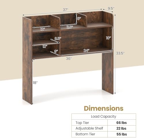 Tangkula Desktop Bookshelf for Computer Up to 32”, 37” Countertop Storage Hutch with 6 Storage Shelves, 3-Tier Desktop Organizer Display Rack, Wooden Desk Hutch for Dorm Home Office (Rustic Brown) - Image 3