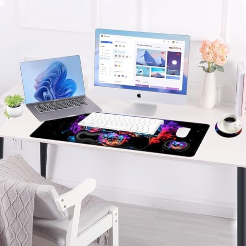 Large Keyboard Mouse Pad Set, Extended Mouse Pad+Keyboard Wrist Rest Support, Memory Foam Ergonomic Easy Typing, 4Pcs (31.5×11.8 in) Desk Pad Set for Office Home,Smoke Skulls - Image 3