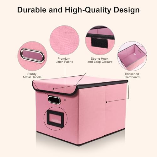 File Storage Box with Lid, 15.55x12.87x10.43 Inches, Foldable Organizer with Handles & Label Slot, for File Storage, Home, Office, and Closet Organization(2 Packs, Pink) - Image 4