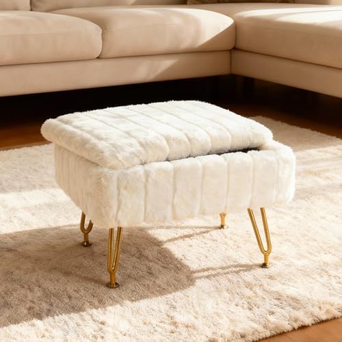 Small Foot Stool with Storage & Gold Metal Legs, Small Ottoman Foot Rest Under Desk for Couch, Chair, White Furry with High-Density Resilient Sponge - Image 3