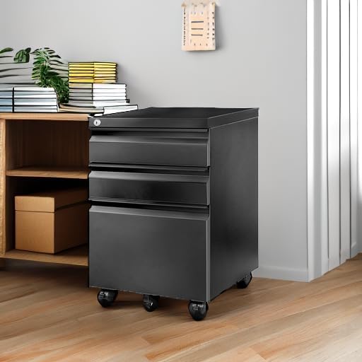 FLEXISPOT 3-Drawer Metal Mobile Filing Cabinet for Home Office - Under Desk Storage with Lock Keys - Legal/Letter/A4 File Organizer - Fully Assembled Except Wheels - Black - Image 5