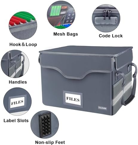 DocSafe Fireproof Document Box with Lock,File Storage Organizer with Zipper Pockets,Collapsible Portable File Box Home Office Safe Filing Cabinet with Handle for Hanging Letter/Legal Folders,Gray - Image 4