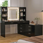 FIONESO Vanity Desk with LED Light Mirror & Power Outlet, 8 Drawers, 6 Storage Shelves, 3 Color Modes & Adjustable Brightness Makeup Vanity, Corner Vanity, L Shape Vanity, 39.4”-64.9" Desk, Black - Image 2