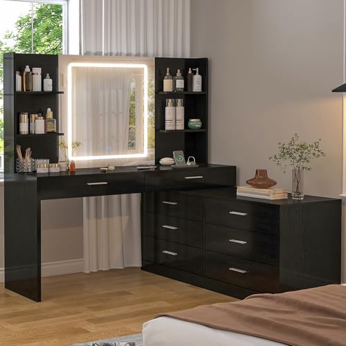 FIONESO Vanity Desk with LED Light Mirror & Power Outlet, 8 Drawers, 6 Storage Shelves, 3 Color Modes & Adjustable Brightness Makeup Vanity, Corner Vanity, L Shape Vanity, 39.4”-64.9" Desk, Black - Image 2