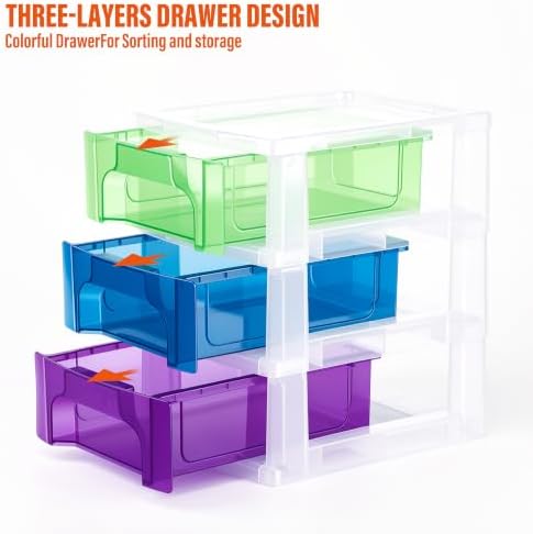 Plastic Desktop 3-Drawer Storage Organizer,Stackable Craft Drawer Storage Container For Art Craft Supplies,Office School Home (Green-Blue-Purple) - Image 4