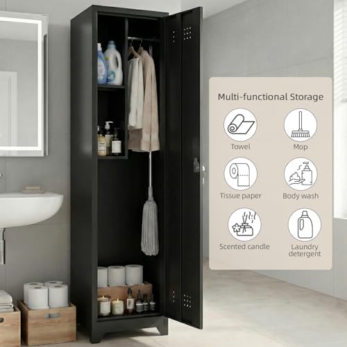 Slim Broom Closet Storage Cabinet, Black Metal Cabinets with Lock and & S-Hooks, Cleaning Supply Cabinet, 65x15.8x15.8 Utility Storage Cabinet for Garage, Office, Laundry Room - Image 4