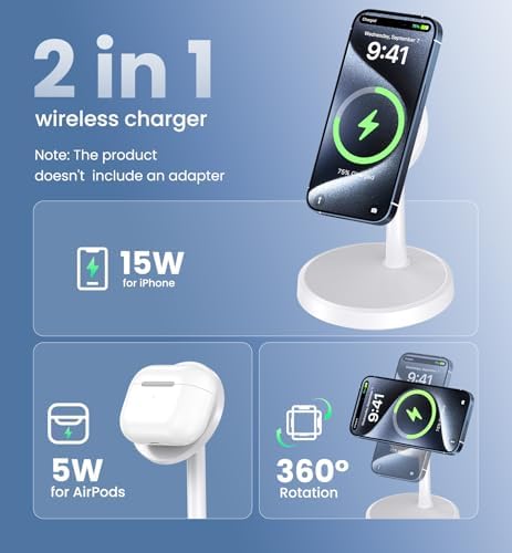 Magnetic Wireless Charger iPhone, 2 Pack 15W Fast Mag-Safe Charger Stand for iPhone 17/17 Air/17 Pro/17 Pro Max 16/15/14/13/12 Series, Wireless Charging Station for Pad/AirPods(White) - Image 3