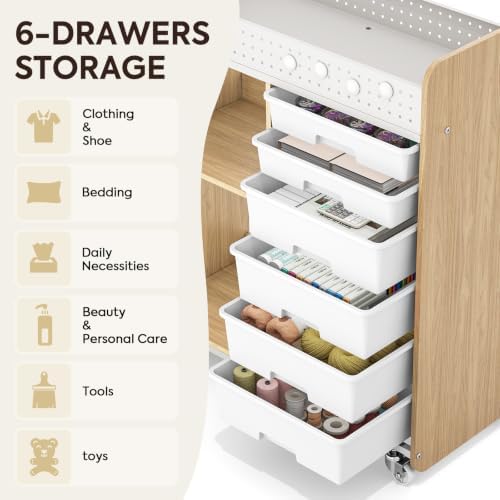 Rolling Craft Cart with 6 Drawers, Pegboard and Locking Wheels Natural - Image 4