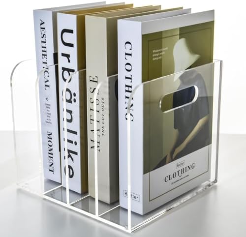 Acrylic File Holder for Desk - 4 Slot Vertical Magazine Organizer & Bookend - Clear Document Sorter Rack for Folders, Binders, Notebooks & Reports - Non-Slip Office Desktop Storage Sorter - Image 3