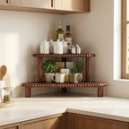 2-Tier Rustic Corner Shelf for Kitchen Counter,Wood Beaded Farmhouse Countertop Organizer with Removable Feet, Stackable Bathroom Vanity & Coffee Bar Decorative Riser Stand(Rustic Walnut) - Image 4