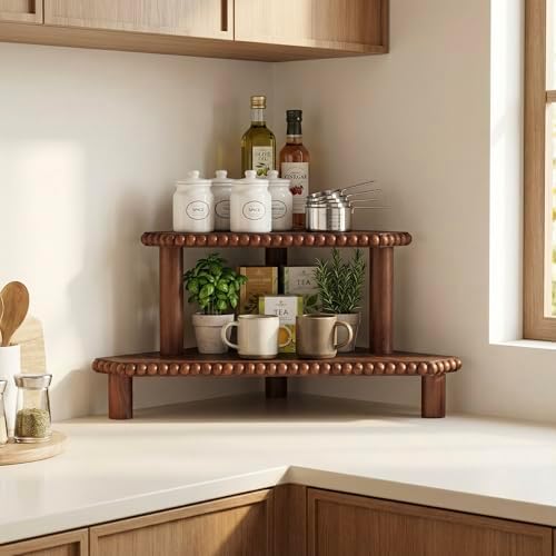 2-Tier Rustic Corner Shelf for Kitchen Counter,Wood Beaded Farmhouse Countertop Organizer with Removable Feet, Stackable Bathroom Vanity & Coffee Bar Decorative Riser Stand(Rustic Walnut) - Image 4