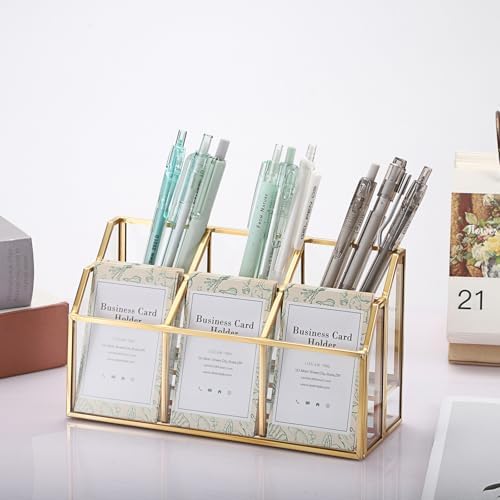 Hipiwe Vintage Gold Glass Business Card Holder, 2 Layers 6 Slots Vertical - Image 5