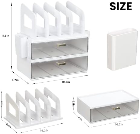 LALOBLUE Acrylic Desk Organizer with Drawer and Vertical File Holder, Desk Organizers and Accessories, Multi-Functional Office Supplies Organizer for Home or Work Desk, White - Image 2