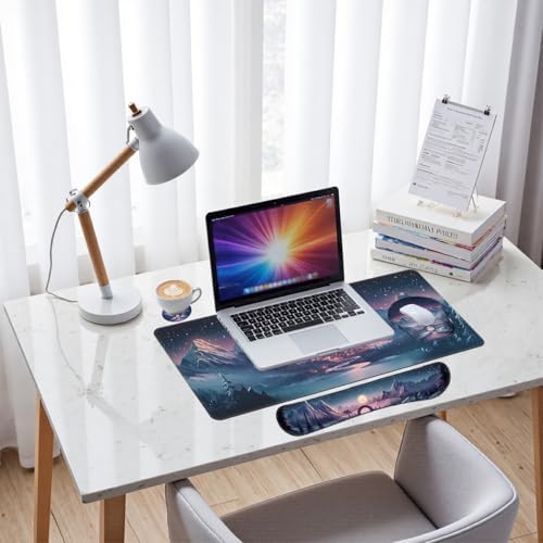 Fantasy City Desk Mat Set Night Moon Mountain Landscape Mouse Pad with Wrist Rest 4in1 Desk Mat for Desktop Ergonomic Keyboard Wrist Support Anti-Slip Computer Ergonomic Mouse Pad Home Office Gaming - Image 7