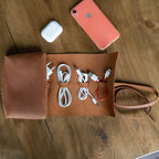 Leather Cord Organizer Roll – Genuine Leather Cable Organizer for Chargers, Earbuds & Tech Accessories, Handmade Travel Cord Storage Case, Portable Leather Tech Roll, Warm Brown - Image 4
