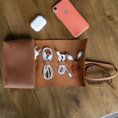 Leather Cord Organizer Roll – Genuine Leather Cable Organizer for Chargers, Earbuds & Tech Accessories, Handmade Travel Cord Storage Case, Portable Leather Tech Roll, Warm Brown - Image 4