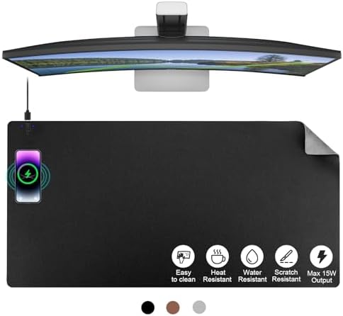 EYStech™ Desk Pad with Wireless Charger, Leather, Waterproof, Anti-Slip Wool Felt Base Material, Office Table Mat, Fast Charging Gaming Mouse Pad, 36” (L) x 17” (W), Black (Left Side Charging Port) by EYStech