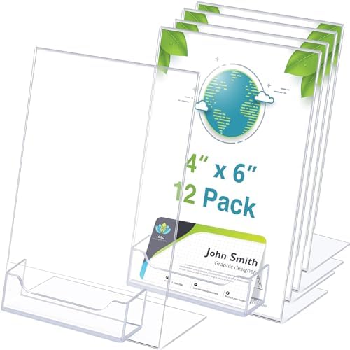 Remerry 12 Pcs Acrylic Sign Holder with Business Card Holder Slanted Paper Stand Clear Brochure Display Stand Heavy Duty Plastic Signs for Office Table Advertisement Flyer (4 x 6 Inch) by Remerry