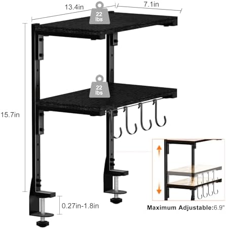 Clamp-on Desk Shelf, 13 inch Above or Below Desk 2-Tier Shelving, Adjustable Metal Storage Tray for Gaming Devices or Office Desk Accessories and More, Black, Patent Pending - Image 3