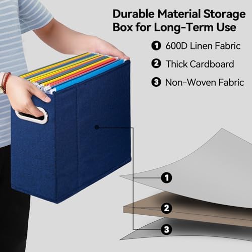 4 Packs Letter Size File Organizer, File Folders Organizer, Fabric Storage Box, Collapsible Paper Organizer with Metal Handle, Smooth PVC Rails, Only Box (Blue) - Image 3